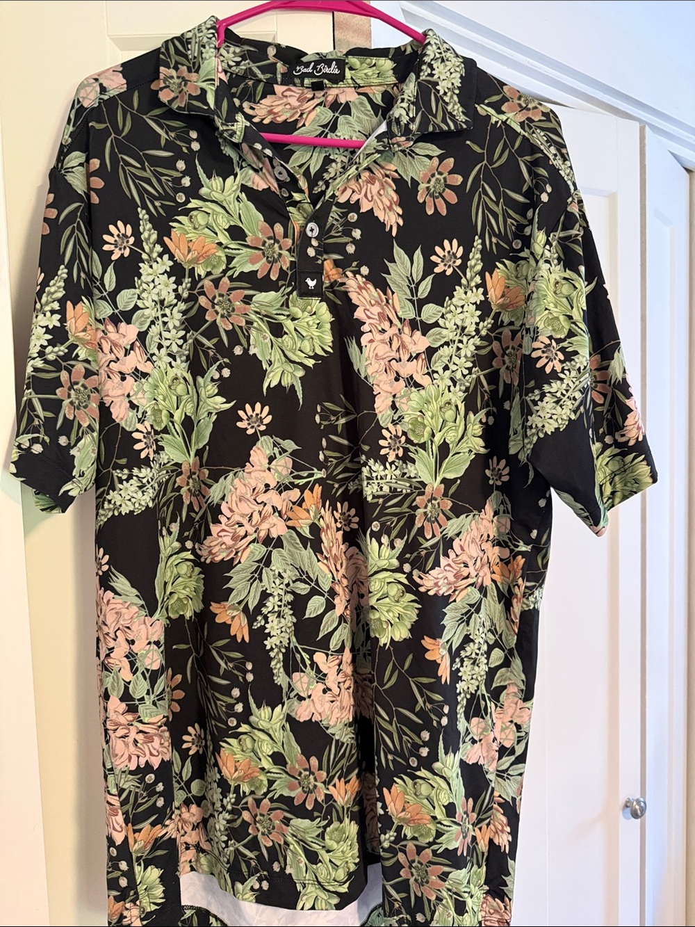 Bad Birdie Black Polo with Green and Pink Floral Print